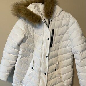 Swiss Tech White WInter Jacket Faux Fur Hood Size M